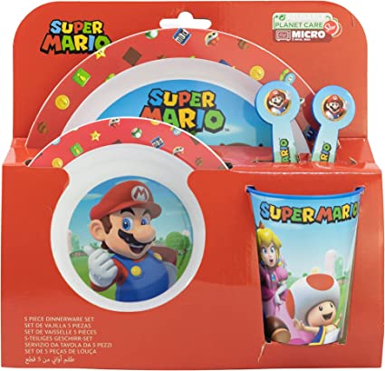 Set Plato, Cuenco, Vaso 260ml y Cubiertos Super Mario