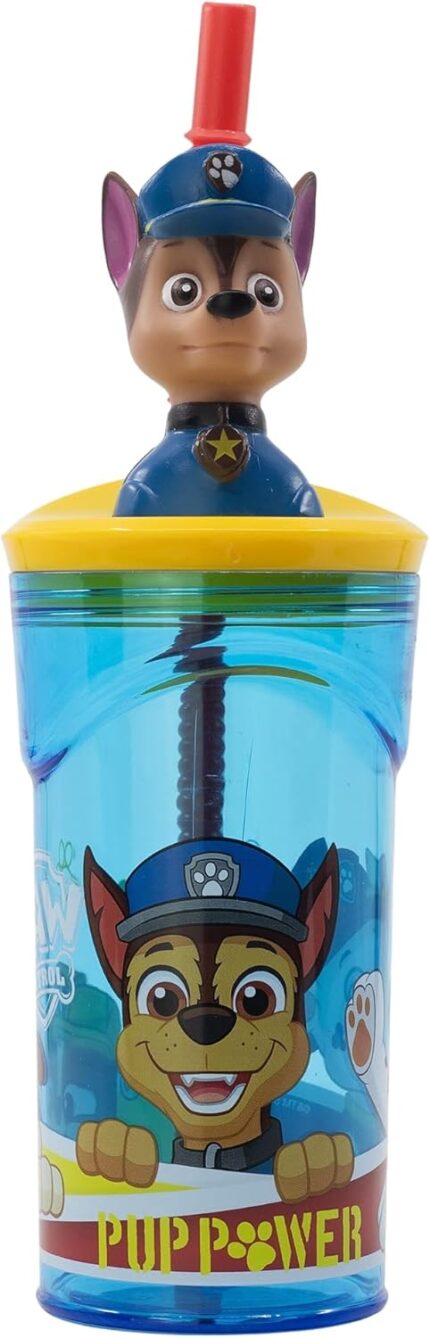 Vaso Infantil Reutilizable con Pajita y Tapa con figurita 3D y Capacidad de 360 ml de La Patrulla Canina