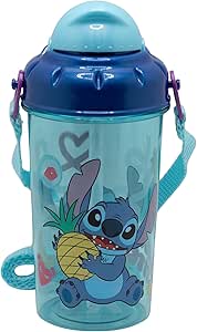 Botella infantil de plástico con pajita, tapa correa de 465 ml de Stitch