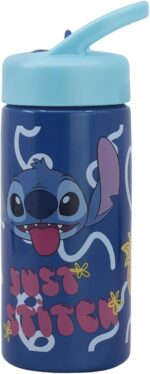 Botella de agua deportiva con pajita y asa incorporada de 410 ml de Stitch Palms