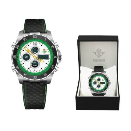 Reloj Real Betis Balompié caballero caja de acero plateada correa caucho negra analógico y digital