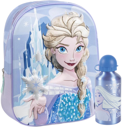 Lote Mochila 3D Frozen + Botella Disney 31x25x10cm.