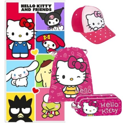 Lote Hello Kitty, Toalla, Gorra, Portatodo y Saquito Mochila